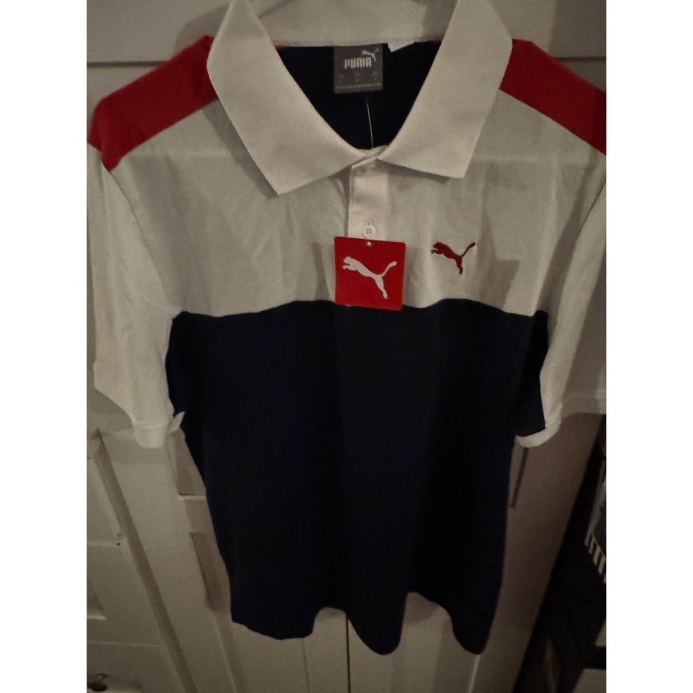 Puma Mens Colorblock Polo Shirt Navy White Red Short Sleeve Logo Size L NEW